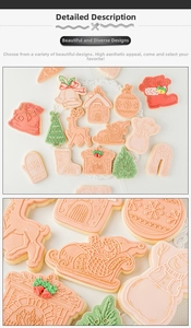 Detailed view of Christmas cookie cutters including bells, houses, and reindeer shapes