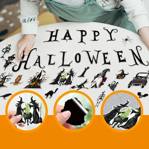 Waterproof magnetic Halloween decals featuring gnome skulls and Happy Halloween lettering