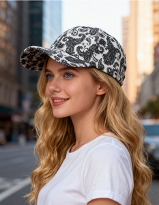 Detailed view of paisley pattern baseball cap worn by model in an urban street setting