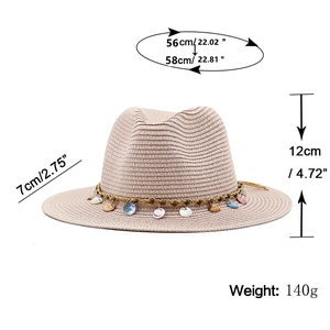 Unisex summer straw fedora beach sun hat with colorful shell trim and 7cm wide brim