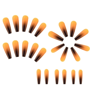 Detail view of 24pcs long coffin press on nails with orange to tan ombre gradient effect