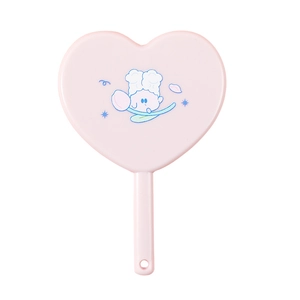 Pink heart-shaped handheld makeup mirror with cute cartoon clouds on the back