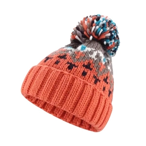 Warm orange knit beanie with colorful pompom and geometric pattern on white background