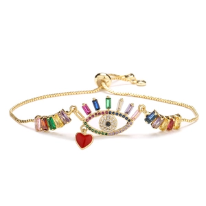 Gold adjustable box chain bracelet with multi-color zircon evil eye and red heart charm