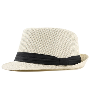 Close-up of a cream woven Fedora straw hat featuring a stylish black pleated ribbon band