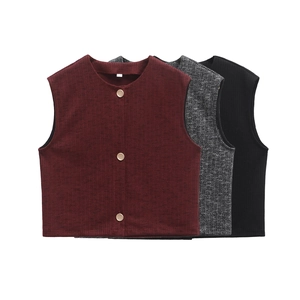 Set Top And Bottom Donna Stile Europeo Poliestere Maglia a Costine Monopetto Casual Gilet Senza Maniche Pantaloni Larghi