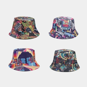Double Sided Bucket Hat 80s 90s Retro Cassette Graffiti Print Polyester Sun Protection Outdoor Streetwear Unisex