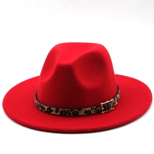 Red wool felt jazz fedora hat with leopard print band and golden buckle detail