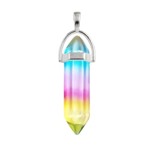 Rainbow hexagonal crystal pendant with silver clasp on a professional white background