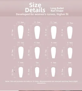 Size chart for 24pcs extra long pink coffin press on nails with 12 precise dimensions