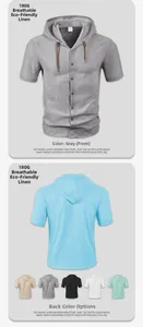 Detail view of the 180G breathable linen fabric texture on men's hooded short sleeve shirt