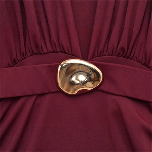 Elegant wine red dress featuring gathered waist and unique gold organic metal buckle
