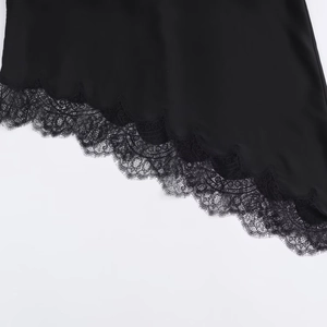 Long sleeve black T-shirt with intricate eyelash lace trim and silky fabric details