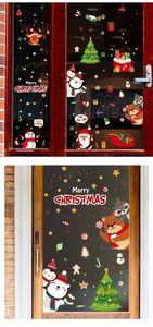 Detailed view of Christmas window stickers with Santa, reindeer and snowflakes on glass