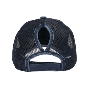 Detail of navy mesh baseball cap with ponytail hole and adjustable velcro strap back