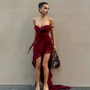 Sexy dark red lace off-shoulder dress with asymmetrical ruffle hem and backless design