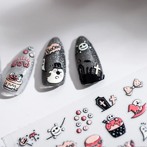 5D Halloween nail art stickers with 3D cute ghosts, pumpkins, and bats on silver glitter