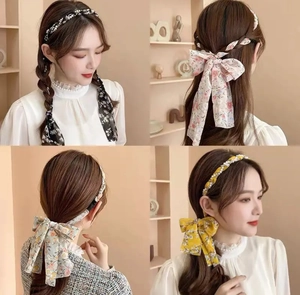 Detailed collage of floral silk scarf headbands in four colors with styling variations