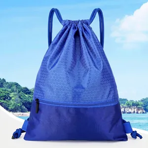 Waterproof blue drawstring backpack with honeycomb texture and front zipper pocket