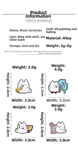 Detailed size and specs for four white cat musician pins with gold alloy plating