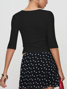 Slim fit light blue top with 3/4 sleeves and a clean back view on a model
