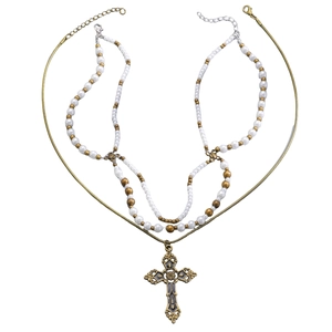 Retro multi-layer pearl necklace with bronze cross pendant on a white background