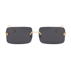 Klassische randlose Rechteck-Sonnenbrille mit goldenem Metallrahmen und grauen Gläsern
