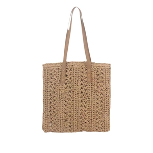 Handmade woven straw tote bag with cross hollow pattern and brown faux leather handles