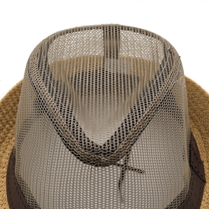 Detail of breathable mesh crown and khaki straw brim on outdoor sun hat for summer