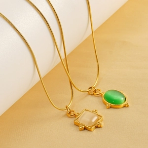 Vintage Pendant Necklace 18K Gold Plated Stainless Steel Cat Eye Stone Snake Bone Chain Minimalist Jewelry For Women