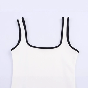 White ribbed tank top with black contrast binding and square neckline for women