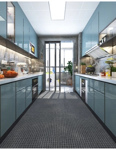 Modern grey textured kitchen rug runner in a blue cabinet interior scene