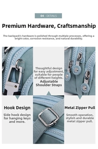 Detail view of light blue nylon bag with metallic swivel hooks and circular zipper pull