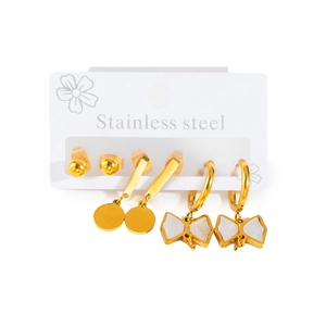 Detailed set of three gold stainless steel earrings featuring butterfly and bead designs