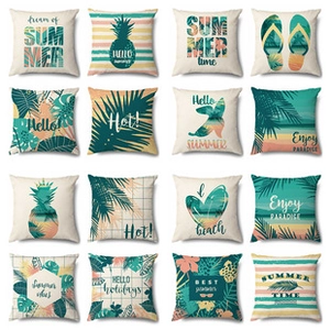 Collage of 16 summer theme linen pillow covers with tropical plants and pineapple prints