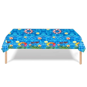 Close-up of rectangle plastic tablecloth with summer pool floats and palm leaves pattern