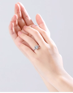 Close-up of heart crown moissanite ring in S925 sterling silver worn on hand