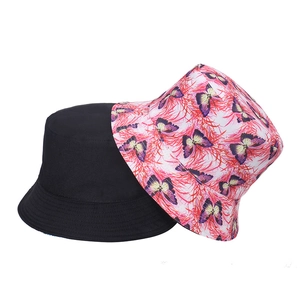 Fashionable double-sided bucket hat with butterfly print and solid black summer sun protection
