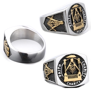 Masonic Signet Ring Stainless Steel Vintage Retro Two Tone Gold Silver Faith Hope Charity Engraved Punk Jewelry For Men