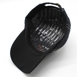 Detail of adjustable metal buckle and contrast stitching on washed cotton baseball cap
