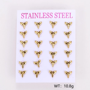 Detailed set of 12 pairs of gold whale tail stainless steel stud earrings on card