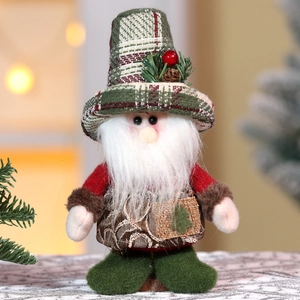Close-up of plush Christmas gnome ornaments with red plaid hats and soft faux fur beards