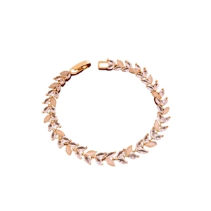 Sparkling zircon leaf bracelet in rose gold finish with pink crystals for women
