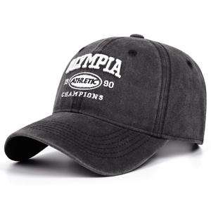 Retro washed dark grey cotton baseball cap with Olympia athletic embroidery