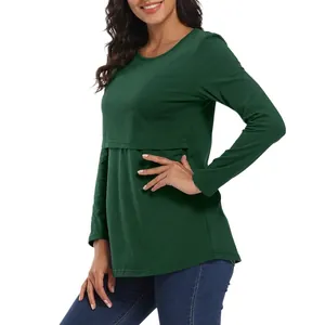 Women Long Sleeve Maternity Nursing Top Cotton Blend Round Neck Breastfeeding T-Shirt Postpartum Casual Slim Fit