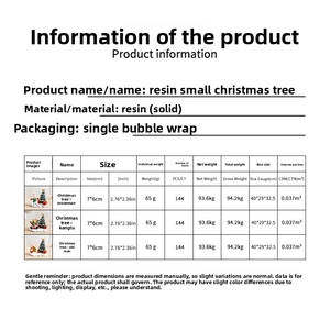 Detailed size and weight chart for miniature resin Christmas tree figurines with snowmen