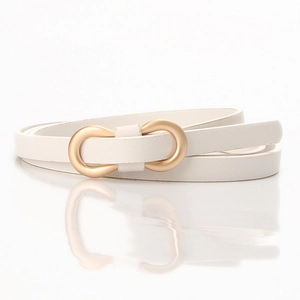 Minimalist white PU leather skinny belt with golden oval buckle for women dresses