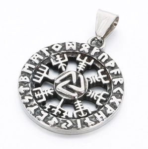 Silver Viking pendant featuring Valknut symbol and runic circle with vintage metal finish