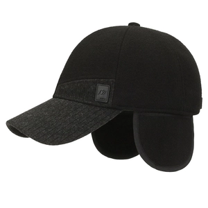 Winter men's baseball cap with ear flaps for outdoor warmth, black and grey patchwork style