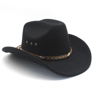 Detail of black western cowboy hat with studded leather band and metal star ornaments